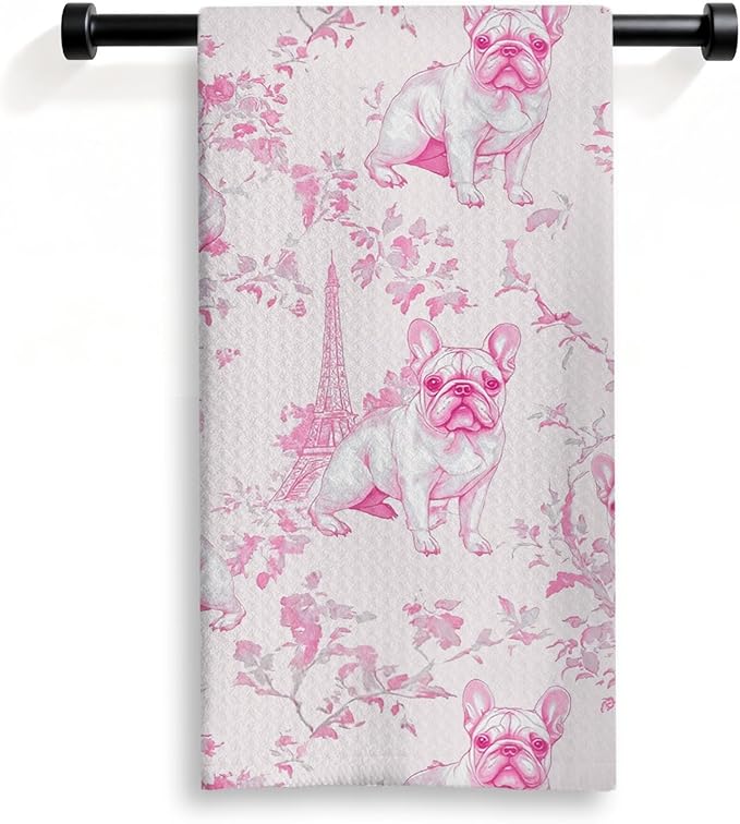 Pink French Bulldog Kitchen Dish Towels,Pink and White Floral Dog Towel Dish Tea Towels, Chinoiserie Decor for Kitchen Bathroom,French Bulldog Gifts for Dog Lover Mom Dad,16x24 Inch