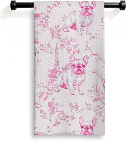 Pink French Bulldog Kitchen Dish Towels,Pink and White Floral Dog Towel Dish Tea Towels, Chinoiserie Decor for Kitchen Bathroom,French Bulldog Gifts for Dog Lover Mom Dad,16x24 Inch