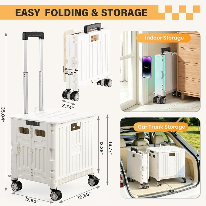 SUNALLY Folding Utility Cart Rolling Crate Handcart Shopping Trolley, White | Lockable Collapsible Tool Box with Lid, Rolling Crate With Wheels for Grocery, Travel, Garden, Shop, Office, Luggage, Teacher