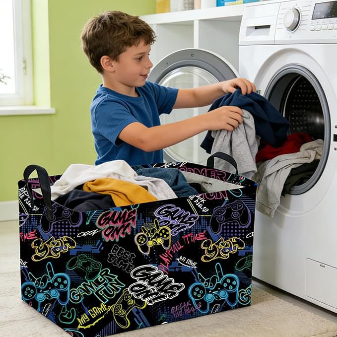 Rectangular Kids Baskets,Waterproof Foldable Storage Basket with Handles,Games Basket,Boys Room DecorGame Storage Bin,Shelf Baskets(Cool Game)