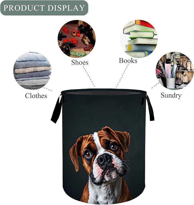 Boxer Dog Laundry Basket Hamper, Organizer Bins Gifts for Women Kids, Cute Pet Portrait Foldable Waterproof Clothes Hamper Handles Storage Bucket for Bedroom Bathroom Room Decor 19.7"x15.7"