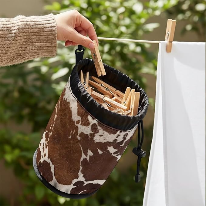 Cow Print Clothespin Bag with Hanging Hook for Clothesline Outdoor Summer Laundry Clothes Pin Holder Portable Pin Storage Organizer for Home Balcony Travel