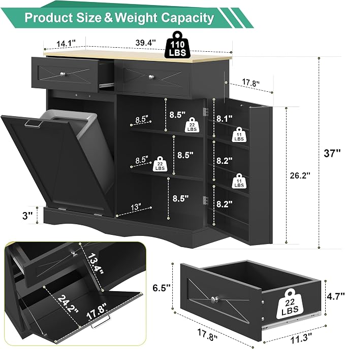 kepptory 37" High Dog Feeding Station with Storage Drawer, Pet Organizers and Storage Adjustable Shelf, Dog Feeder Station, Pet Storage Cabinet for Cats and Dogs (Black)