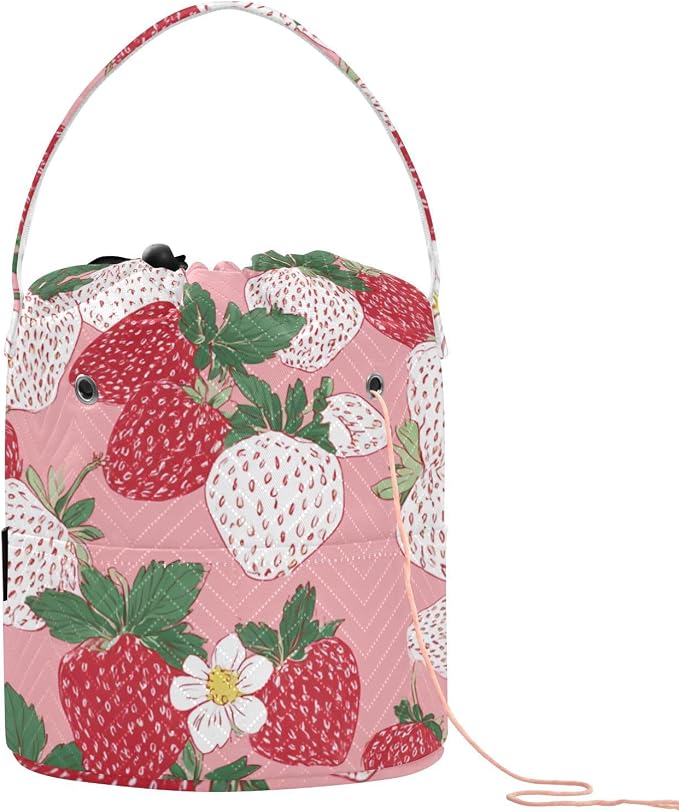 Tatenale Crochet Bag Yarn Bag Knitting Project Bag with Pockets and Handle Portable Yarn Storage Organizer Tangle Free 8.3x11 InchPink White Strawberries Flowers25