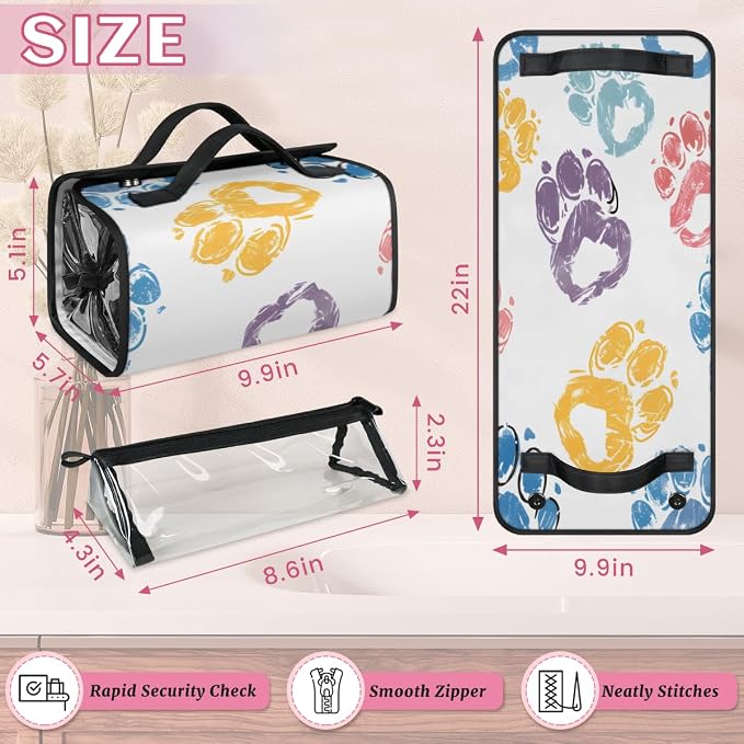 Paw Print Makeup Bag for Women Hanging Roll-Up Travel Organizer Toiletry Kit with 4 Removable Compartments, Paw Print Pet Animal