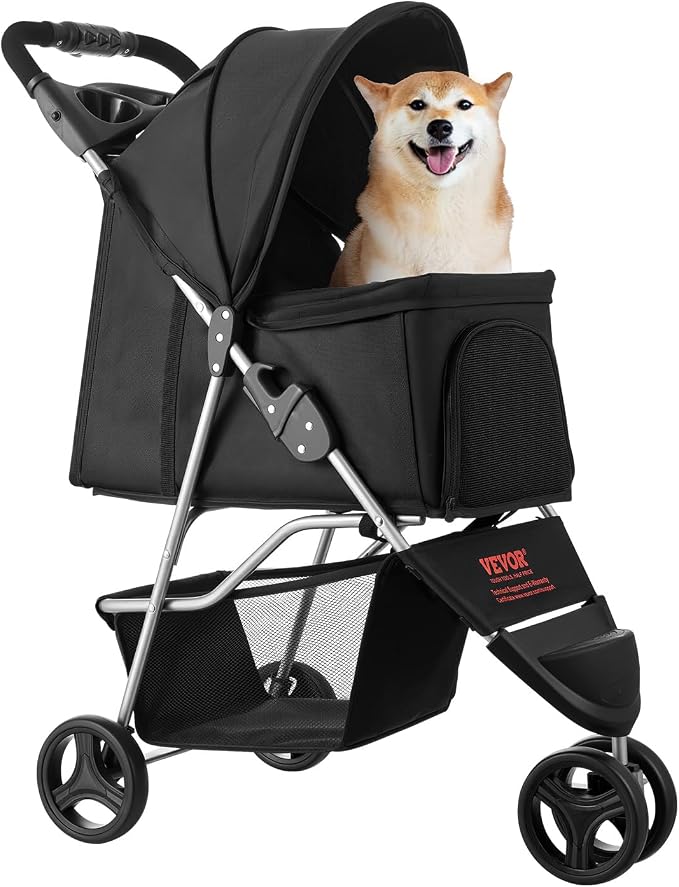 VEVOR Pet Stroller, 35 lbs Weight Capacity, Foldable Dog Cart, 3 Wheels Cats Carts with Mesh Windows and Cup Holders, Portable Pet Carrier Stroller with Brake, for Small to Medium Pets