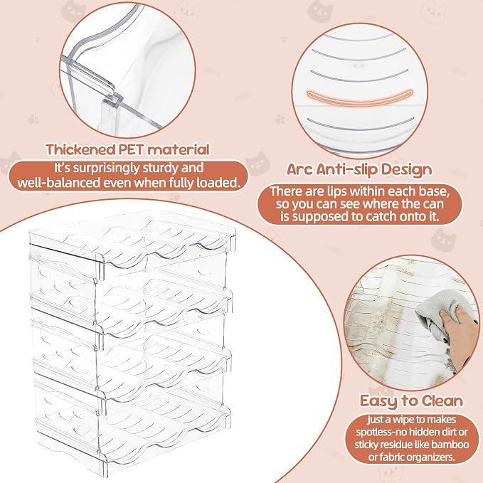 FHTONGE 4-Tier Heavy-Duty Transparent Cat Can Organizer for Multiple Sizes | Wet Cat Food Storage Rack for Pantry Kitchen Cabinet Rridge, Pet Canned Goods Dispenser Shelf Dog Tins Holder Container