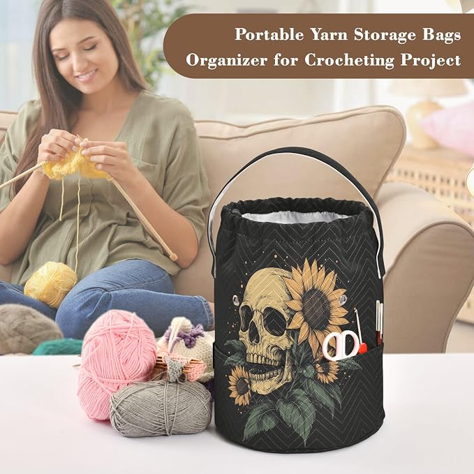 Fustylead Hand Draw Human Skull and Sunflower Design Large Yarn Storage Tote Basket, Knitting Crochet Drawstring Organizer Bag for Crocheting Project, Yarn Balls, Needles Accessories