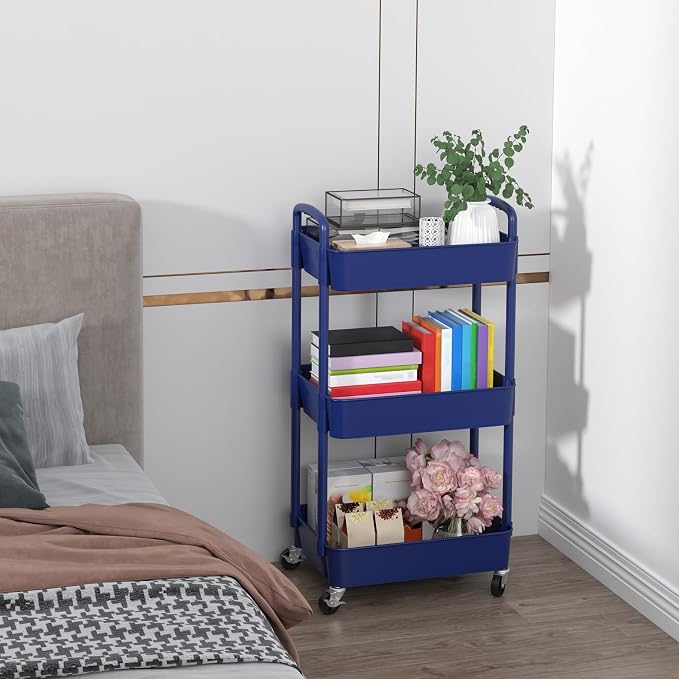 Sywhitta 3-Tier Plastic Rolling Utility Cart with Wheels for Storage,Blue | Multi-Functional Storage Trolley, for Office, Living Room, Kitchen, Bathroom,Movable Organizer,Space-Saving,Easy to assemble