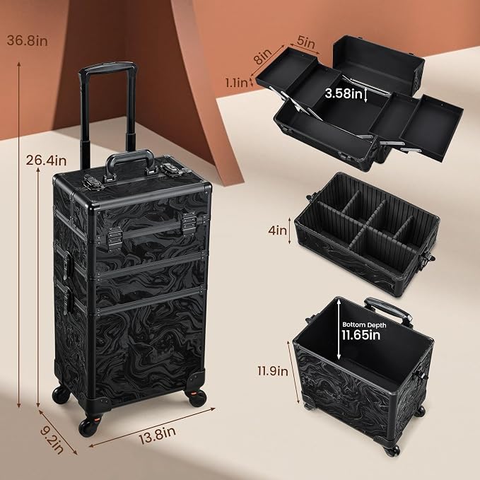 3 in 1 Rolling Makeup Case Cosmetology Case on Wheels Alpine Black | Cosmetic Trolley Large Storage with Keys 360° Swivel Salon Barber Case Traveling Cart Trunk for Artist Hairstylists Nail Tech