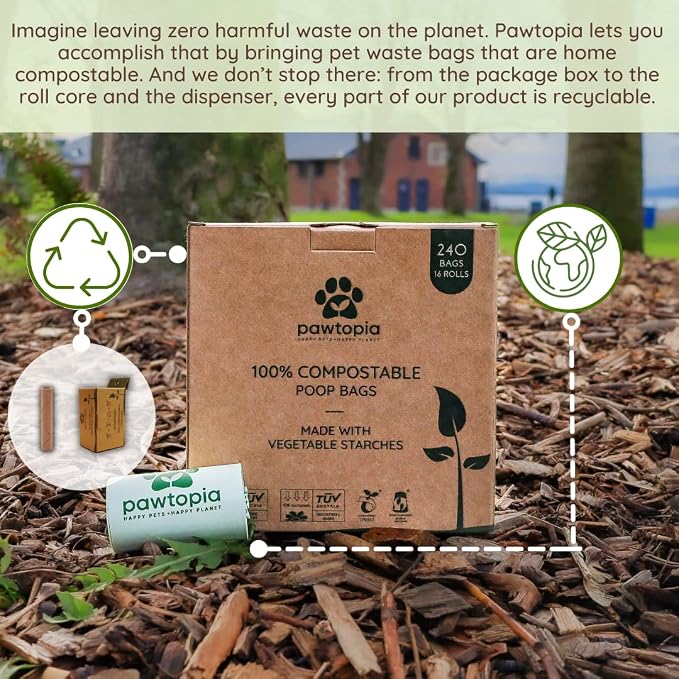 Pawtria Home Compostable Dog Poop Bags (240) with Paper Poop Bag Dispenser | 240 Compostable Dog Poop Bags with Reusable Paper Dispenser, Leak-Proof, Easy Open, TÜV AUSTRIA Certified