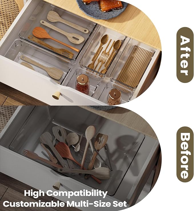 6 PCS Clear Plastic Drawer Organizer Set, 2 Sizes Acrylic Drawer Storage Trays Non Slip Storage Bins for Makeup, Jewelry, Gadgets for Kitchen, Bedroom, Bathroom, Office
