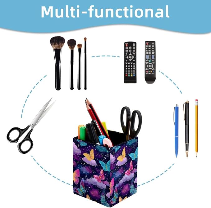 Butterfly Pen Holder for Desk Decor, Rectangular PVC Leather Pencil Cup for Desk Pen Organizer, Makeup Brush Holder for School, Home, Office