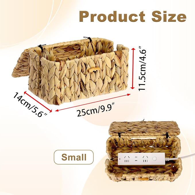 BTSKY Woven Cable Management Box with Lid Water Hyacinth Cord Organizer, S | Cable Organizer Box with 2-Open Slots to Hide Power Strips USB Hubs for Desk, Home & Office, Pet Proofing Cord Basket