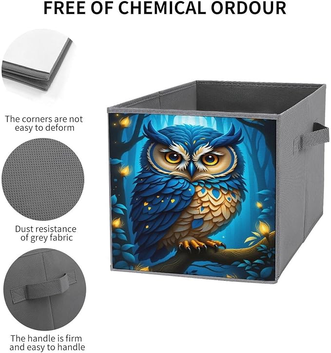 Moonlit Owl Foldable Storage Bins, 10.6" Cube Storage Organizer, Sturdy Oxford Cloth Fabric Baskets for Closet, Shelf, Nursery, Bedroom, Decorative Printed Box for Toys & Clothes