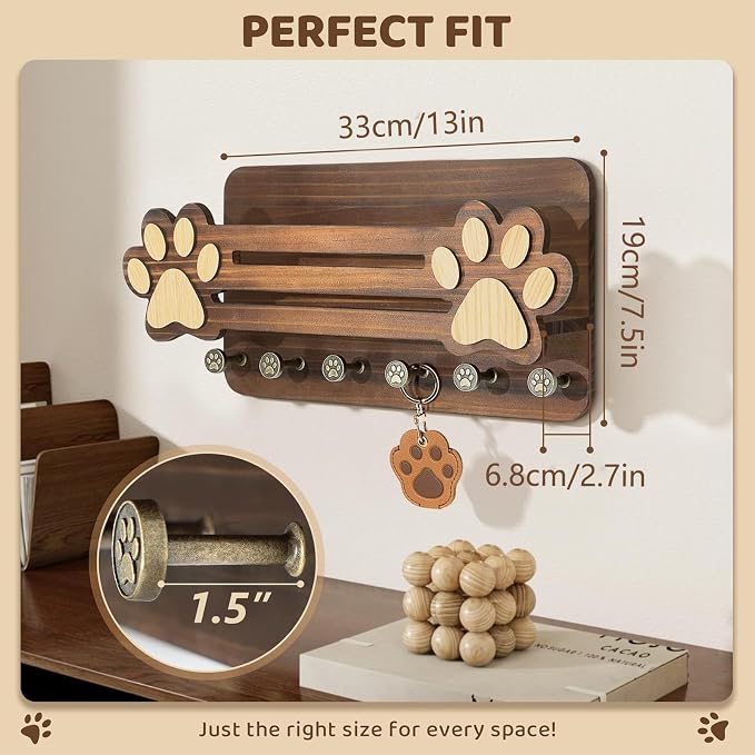 Dog Leashes Holder Wall - Cute Paw Design Hook Rack, Wooden Organizer Stand, Multi Hook Storage Mount | Apartment Indoor Key Holder for Apartment Indoor