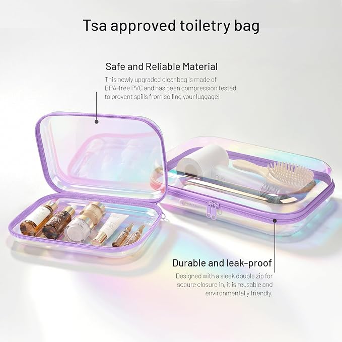 Clear Hard Shell Organizer Cases, 2 Pack | Iridescent PET shell with water-resistant, scratch-resistant surface for travel, toiletries, electronics and daily essentials