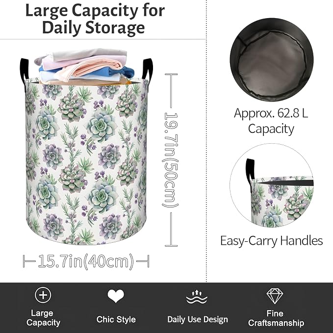 Succulent Laundry Basket, Botanical Floral Foldable Oxford Cloth, Waterproof Dirty Clothes Hamper with Handles, Clothing Storage Bin Toy Organizer for Bedroom Dorm Bathroom, 19.7"x15.7"