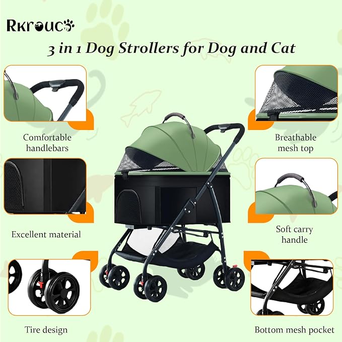 3 in 1 Dog Strollers 4 Wheels Folding Pet Stroller with Detachable Carrier Multifunction Portable Dogs Travel Carriers for Medium Small Puppy Kittens(Green)