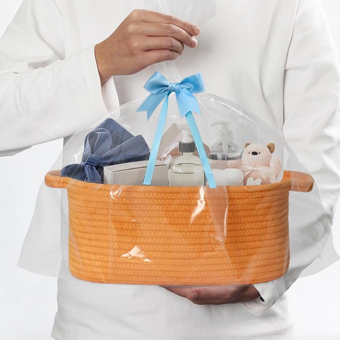MEGASKET Orange Woven Basket, 13.5" x 10" x 6" Baskets for Gifts Empty, Cute Cotton Rope Cat Dog Toy Bin Box, Small Woven Bin for Organizing, Orange Room Decor, Nursery Cloth Diaper Storage Organizer