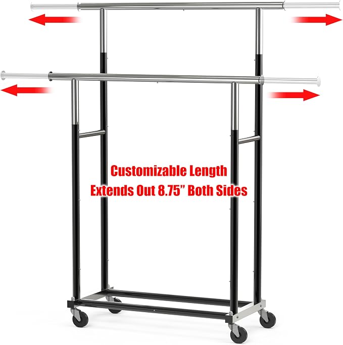 Simple Houseware Standard Double Rods Clothing Garment Hanging Rack, Black | Extendable Width from 30.5 to 48 Inches