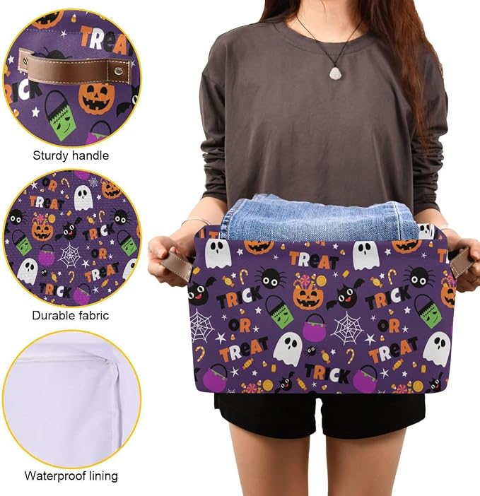 Happy Halloween Purple Storage Basket Fabric Kitchen Baskets Pumpkin Skull Ghost Bat Trick or Treat Open Home Storage Bins Boxes Foldable for Candy Toy Decorations Baskets 16×12×8 Inches
