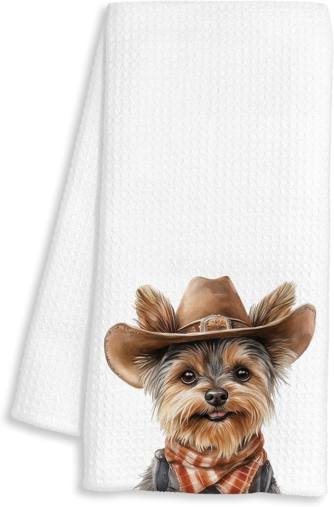 Western Yorkshire Terrier Dog Gifts Kitchen Towels Decorative - Gifts for Yorkie Lovers Dish Tea Towels for Kitchen Drying, Cowboy Hat Dog Hand Towels for Bathroom Decor, 16x24 Inch