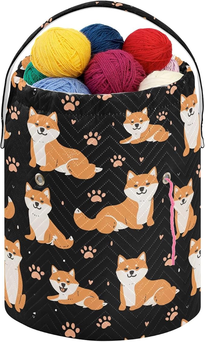 Fustylead Cute Cartoon Shiba Inu and Paw Prints Large Crochet Organizer, Durable Polyester Drawstring Basket Yarn Storage Bag for Crochet Hooks, Knitting Needles, Project and Sewing Supplies