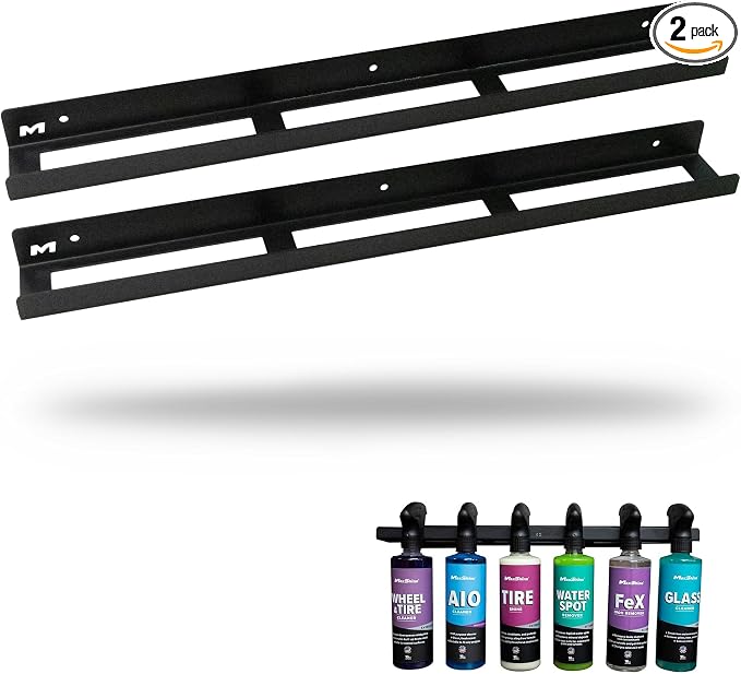 Maxshine Universal Trigger Bottle Holder 2-Pack – Wall-Mount Organizer Holds 8 Spray Bottles – Lightweight & Durable Rack for Garage Storage, Car Wash, Auto Detailing & Cleaning Supplies (Logo)