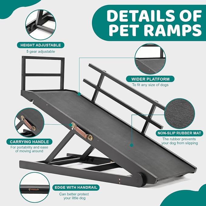 Dog Ramp for Bed & Couch, Foldable Wooden Pet Ramp, 5 Adjustable Heights | Height up to 27.5", Portable Dog Ramp with Non-Slip Rubber Surface & Safety Railings, Pet Ramp for Small, Large, Senior Dogs
