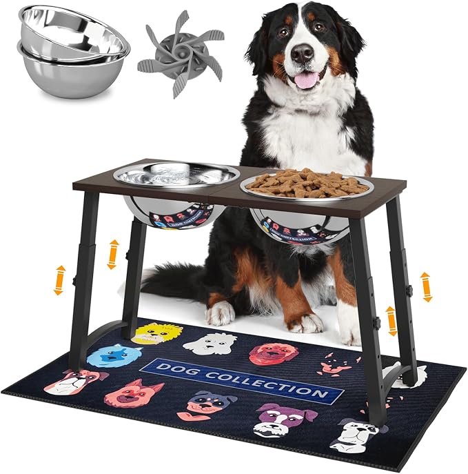 Raised Dog Bowl with Spill-Proof Mat, 4 Adjustable Heights, Two 3000ML Stainless Steel Bowls with Slow Feeder, Elevated Food & Water Bowls for Medium, Large, and Extra Large Dogs