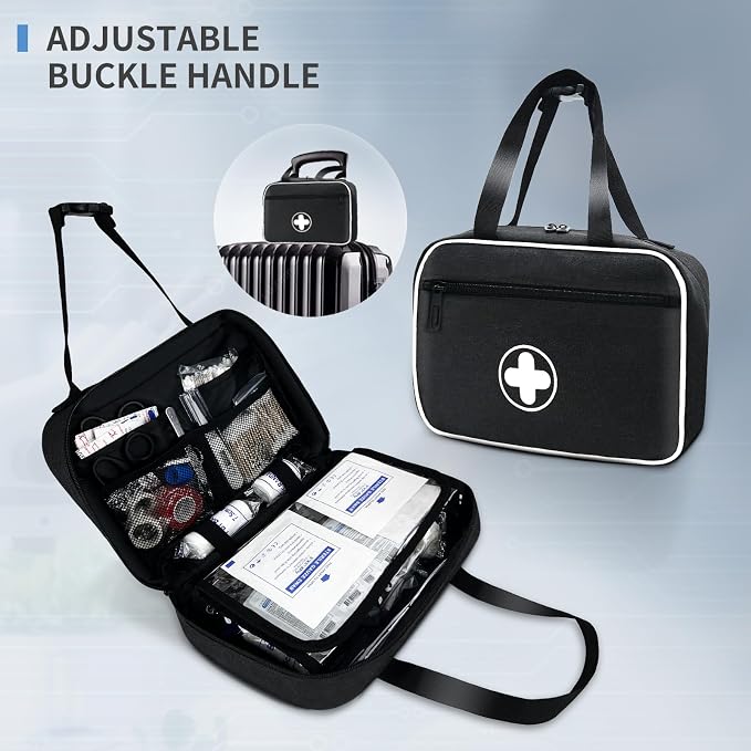 Portable First Aid Bag, Empty Emergency Trauma Kit with Reflective Strips, Multi-Compartment Medical Organizer for Travel, Camping, Car, Outdoor and Home, BAG ONLY (Black)