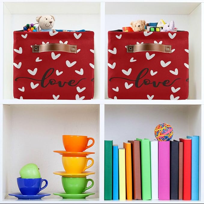 Red White Black Love Heart Storage Basket Fabric Kitchen Baskets Happy Valentine's Mother's Day Open Home Storage Bins Boxes Foldable Organizer Bag Cloth Toy Book Shelf Baskets 16×12×8 IN 2 Pack