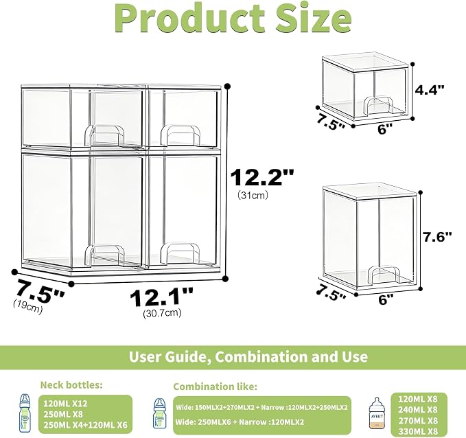 Bottle Storage Organizer Baby: Acrylic Stackable Storage Drawers | Clear Bottles Station Organizer for Countertop, Vanity, Bathroom, Cabinet Organization - 4 Pack