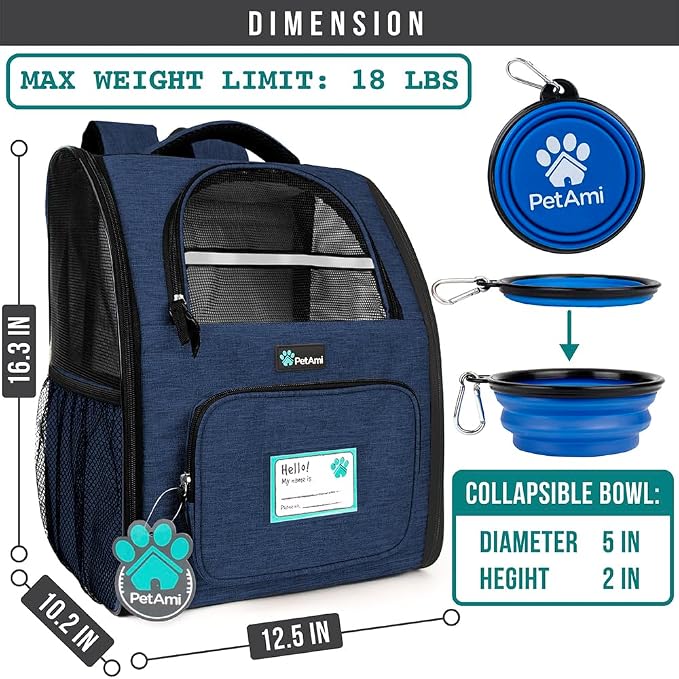 PetAmi Dog Backpack Carrier Airline Approved Cat Pet Puppy Bag, Navy | Ideal for Small Medium Large Pet up to 18 lb, 2 Side Entry Structured No-Collapse Frame, Ventilated Bookbag for Hiking Travel