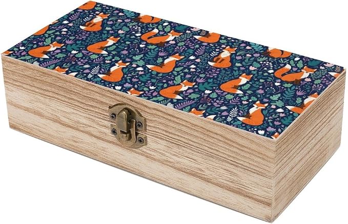 Wooden Keepsake Memory Box with Lid, Gift Organizer Case, Fox Decorative | Jewelry Storage Container, Birthday Party Favor Decor, 9.2x5.5x3.9 Inch