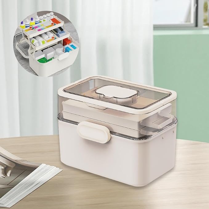 Portable Medicine Box Multi Layer Organizer, 11.2x6.7x8.3 inch, White PP & PET Material for Bathroom Office Travel