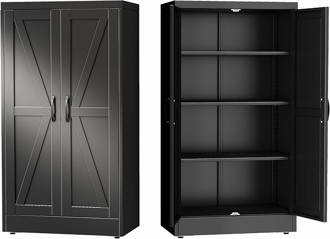 GAIOUS 43.3'' Tall Kitchen Pantry Cabinet, Black Metal Storage Cabinet | with 2 Doors and 3 Adjustable Shelves, Steel Freestanding Cupboard, 4 Tier Bookcase for Dining Home Office Bathroom Bedroom