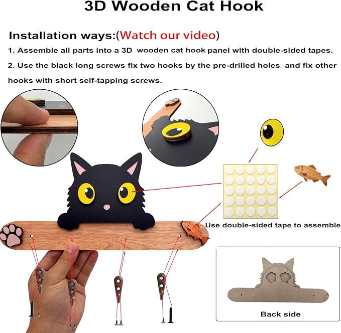 3D DIY Wood Dog Leash Holder Wall Decoration, Cute Cat Design Wall Mount Hanger Organizer with 4 Hooks for Hallway, Door, RV, Apartment, Keys, Bags, Harness, Collars, Clothes, Home Improvement