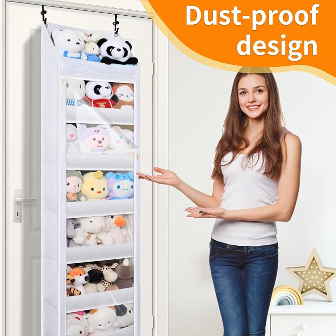 Over the door stuffed animal storage, dust-proof door organizer hanging,【holds up to 70 lbs】Ideal for organizing on doors, such as yarn storage, plush toys, diapers, and other small to medium items.
