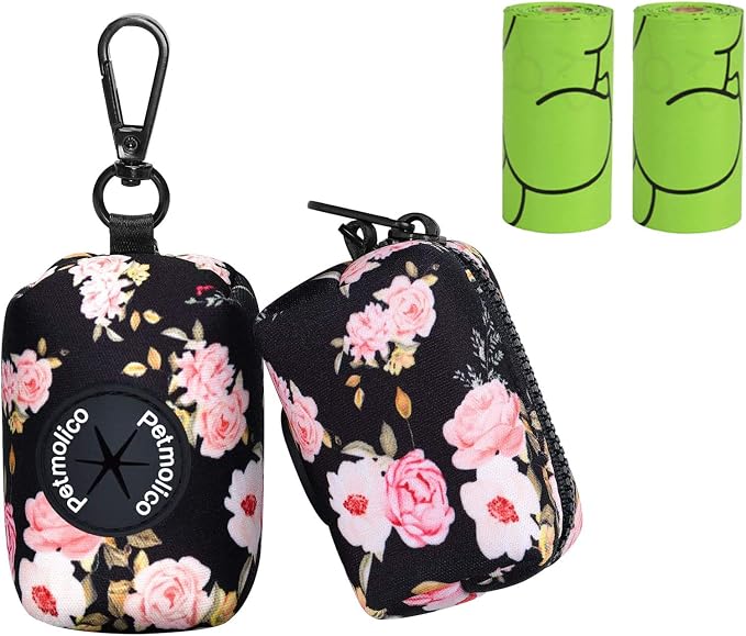 Petmolico Dog Poop Bag Holder Dispenser 2 Pack, Pink Rose | Zippered pouch fits any leash, includes free roll of bags, lightweight & portable for daily walks, travel & outdoor use