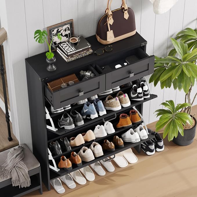 Halitaa Shoe Cabinet with 2 Flip Drawers & 2 Drawers,Farmhouse Shoe Storage Cabinet for Entryway,Slim Freestanding Narrow Organizer Rack for Front Door Entrance,Black