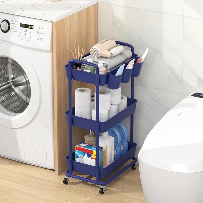 3-Tier Plastic Rolling Storage Cart Utility Cart Blue | Utility Cart with Extra Hanging Cups Arc-Shaped Handles Lockable Wheels for Living Room Bathroom Kitchen Office