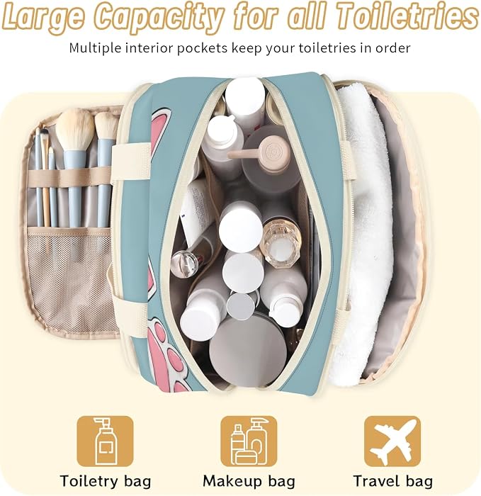 Sweet White Cat Travel Toiletry Bag for Women | Cartoon Pet Lightweight Waterproof Makeup Cosmetic Bag Large Tote Organizer for Traveling, Toiletries, Accessories