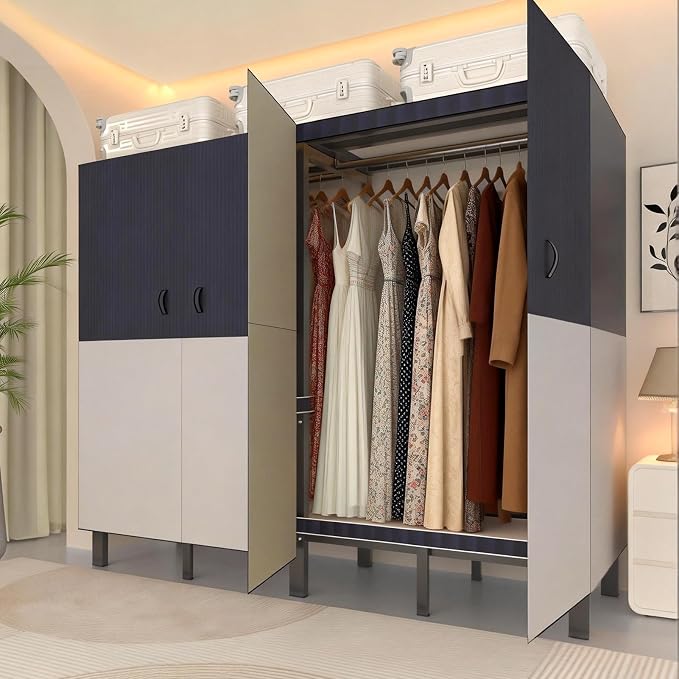 Heavy Duty Clothes Rack with Cover & Magnetic Doors, 1500lb Portable Wardrobe Closet - Foldable Garment Rack for Bedroom, Large Storage for Hanginng Dresses Jackets (Blue, 70.8IN)