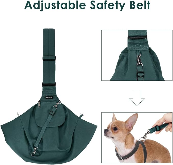 Lukovee Pet Sling, Puppy Small Pet Cat Carrier with Safety Hook | Hands-Free,Padded Strap, Breathable, Adjustable, Storage Pocket, Tote Bag Shoulder Bag with Front Pocket (Green,L)