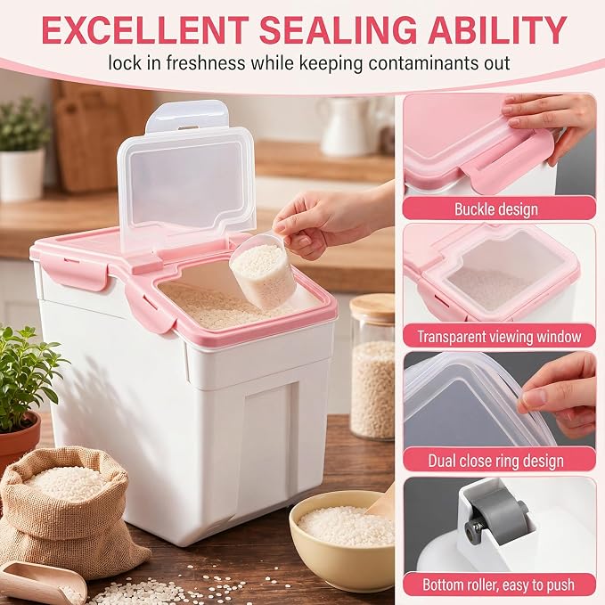 Sunnyray 4 Pcs 55 Lbs Flour Storage Container Bin,Rice Storage Containers with Wheels Seal Locking Lid, BPA Free with Measuring Cup Scoop for Rice Grain Pet Food Flour (Pink)
