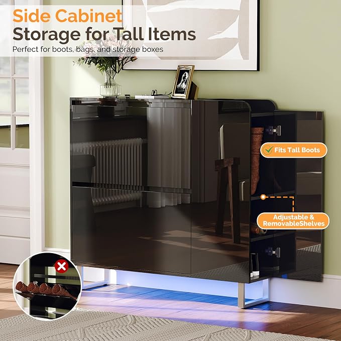 VINGLI Black Shoe Cabinet with LED Lights, Narrow Shoe Storage Organizer with 2 Flip Drawers & Side Cabinet for Tall Boots, Slim Entryway Hidden Shoe Rack Space Saving, Modern High Gloss, 42"