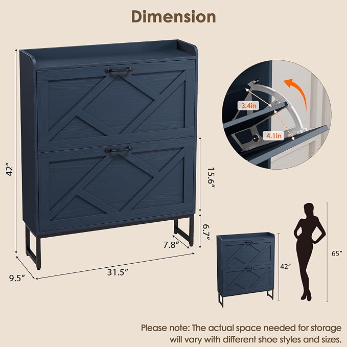 Shoe Storage Cabinet, Shoe Cabinet with 2 Flip Drawers, Narrow Shoe Rack Cabinet, Farmhouse Slim Shoe Cabinet Storage for Entryway,Blue