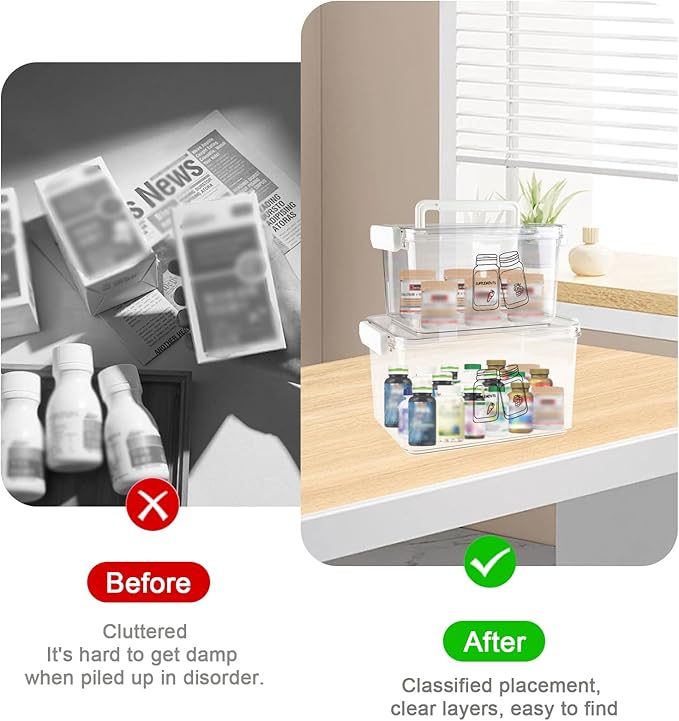 3 Pack Supplement Bottle Organizer with Travel Pill Organizer, Clear Plastic Vitamin Pill Bottle Organizer with Lid & Handle, Stackable First Aid Box Empty for Medicine, Fish Oil, Supplements